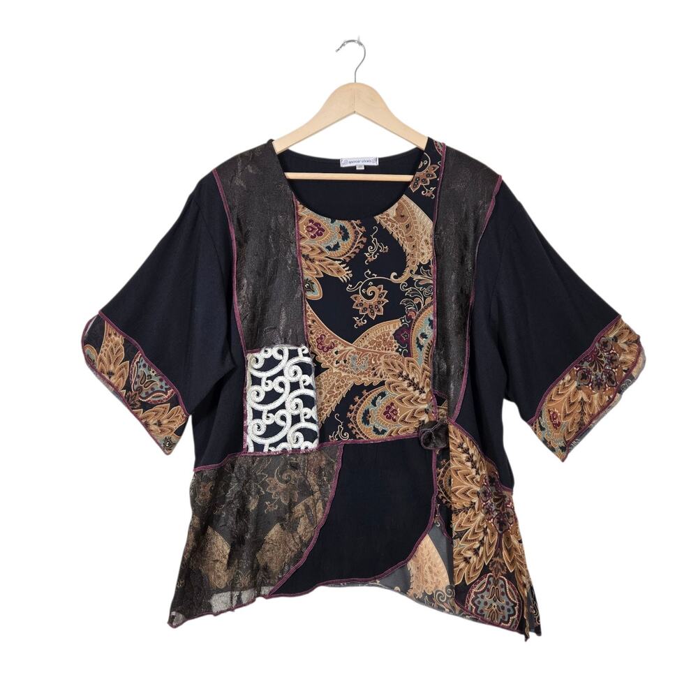 Spencer Alexis Patchwork Boho Top 2X Black Paisley Lagenlook Artsy Chic